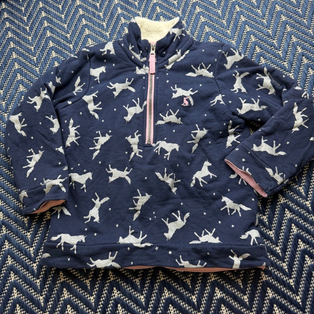 Joules Fairdale Unicorn Sherpa Lined Sweatshirt Girls 6Y Navy Blue